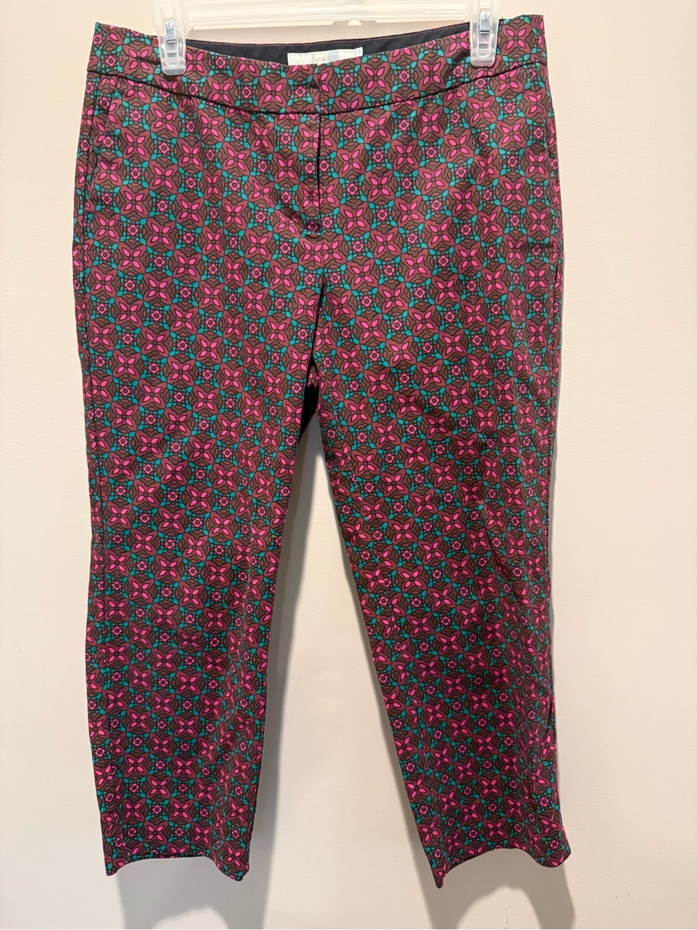 Boden Bistro Crop Trouser Pants Purple Pink Teal Mosaic Geometric Floral Size 8